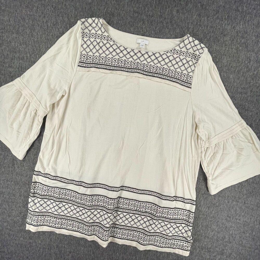 J Jill Size XL Cream Black Embroidered Cotton Knit Tunic Top Boho Minimalist - Picture 3 of 11